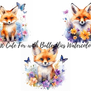 Renard mignon aquarelle avec papillons et fleurs Clipart, Clipart renard Floral, JPG de haute qualité, artisanat en papier, fabrication de cartes, utilisation commerciale