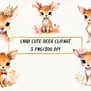 Acquerello Chibi Cute Deer Clipart, Happy Chibi Deer with Flowers Pacchetto PNG, Sfondi trasparenti per uso commerciale