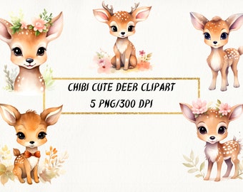 Watercolor Chibi Cute Deer Clipart, Happy Chibi Deer with Flowers PNG Bundle, Transparent Backgrounds for Commercial Use