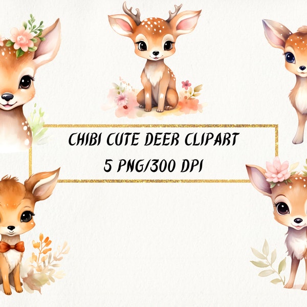 Watercolor Chibi Cute Deer Clipart, Happy Chibi Deer with Flowers PNG Bundle, Transparent Backgrounds for Commercial Use