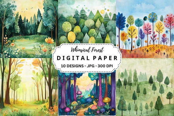 Whimsical Forest Watercolor Illustrations: JPG Backgrounds (Digital Download)