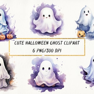 Watercolor Cute Halloween Ghost Clipart, Ghost PNG Bundle for Commercial Use, Digital Paper Crafts, Card Making, Scrapbooking