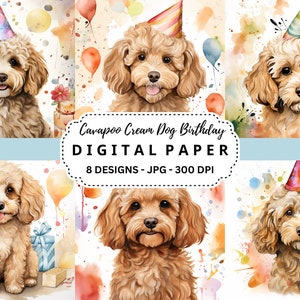 Cavapoo Cream Dog Birthday Backgrounds, Aquarelle Célébrez l’anniversaire du chien, Illustrations JPG de haute qualité pour les cartes d’invitation d’anniversaire