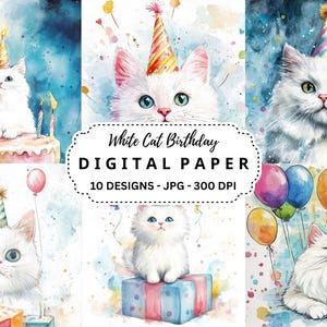 White Cat Birthday Clipart Bundle, Happy Birthday Invitations, 10 High Quality JPGs Files for Junk Journal, Scrapbooking, Crafts, Cat Lovers