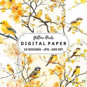Gelbe Vögel Bilder Bundle, 10 hochwertige Aquarell JPGs Hintergründe für Junk Journal, Papierhandwerk, Kartenherstellung, Scrapbooking