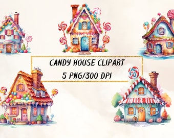 Acquerello Candy House Clipart, Wonderful Candy House PNG Bundle, Sfondi trasparenti per uso commerciale, Download digitale