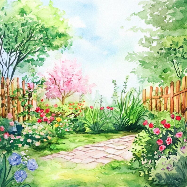 May include: A watercolor painting of a garden scene with a path leading through a lush green lawn. The garden features a pink flowering tree, a wooden fence, and a variety of flowers in shades of pink, red, and white.