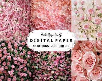 Pink Rose Wall Images: Floral Digital Backgrounds (10 JPGs)