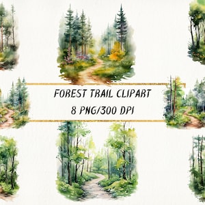 Watercolor Forest Trail Clipart: Nature Scene PNG Bundle (Digital Download)