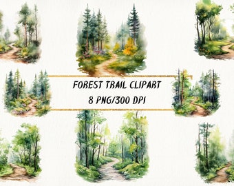 Watercolor Forest Trail Clipart: Nature Scene PNG Bundle (Digital Download)