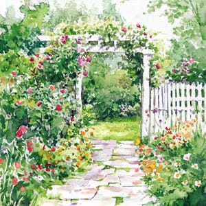 May include: A watercolor painting of a garden path leading to a white wooden gate covered in pink roses. The path is made of stone and is surrounded by lush green foliage and flowers.