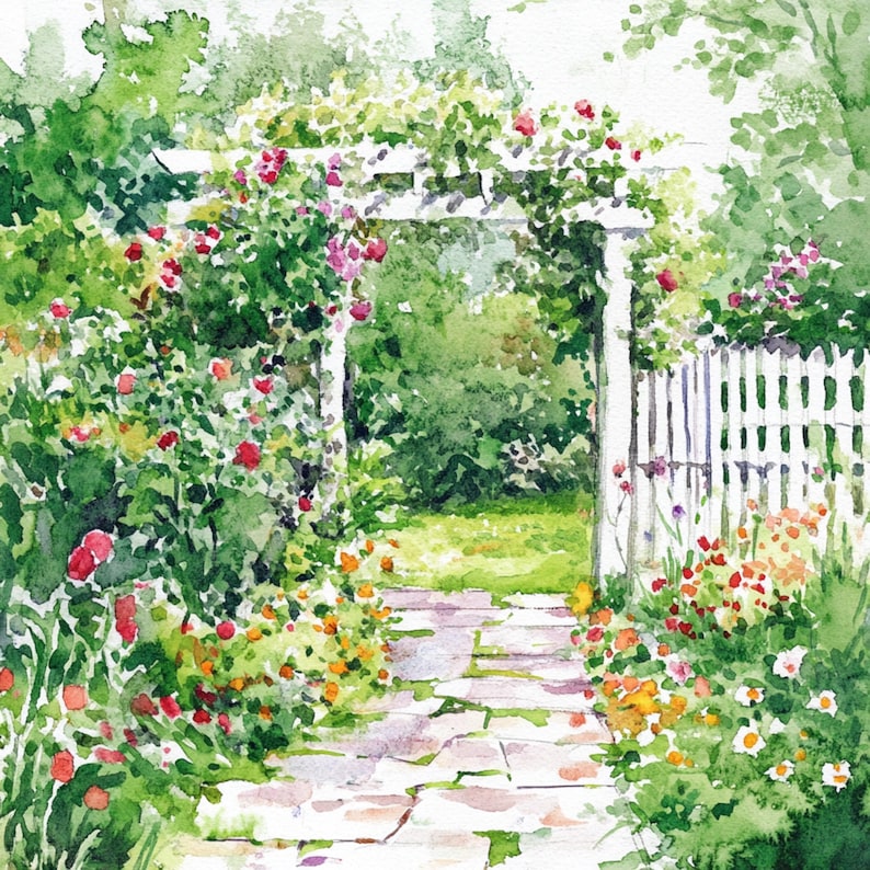 May include: A watercolor painting of a garden path leading to a white wooden gate covered in pink roses. The path is made of stone and is surrounded by lush green foliage and flowers.