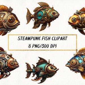 Steampunk Fish Clipart, Fantasy Steampunk Fish PNG Bundle for Commercial Use, Steampunk Digital Paper Crafts, Card Making, Mixed Media image 1