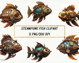 Steampunk Fish Clipart, Fantasy Steampunk Fish PNG Bundle per uso commerciale, Steampunk Digital Paper Crafts, Card Making, Mixed Media