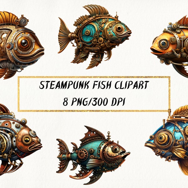 Steampunk Fish Clipart, Fantasy Steampunk Fish PNG Bundle for Commercial Use, Steampunk Digital Paper Crafts, Card Making, Mixed Media