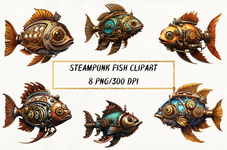 Steampunk Fish Clipart, Fantasy Steampunk Fish PNG Bundle for Commercial Use, Steampunk Digital Paper Crafts, Card Making, Mixed Media image 1