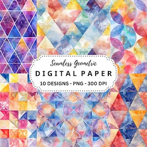 Watercolor Geometric Digital Paper: Seamless PNG Backgrounds (Digital Download)
