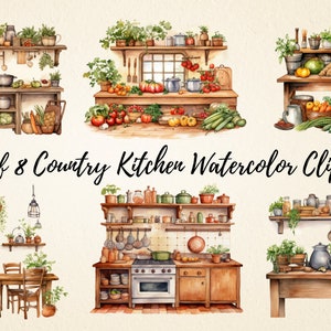 Country Kitchen Watercolor Clipart: PNG Illustrations Bundle (Digital Download)