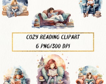 Watercolor Reading Clipart: Cozy Book Lover PNG Bundle (Digital Download)