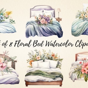 Floral Bed Watercolor Clipart: Bedroom PNG Bundle (Digital Download)