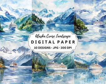 Alaska Cruise Watercolor Clipart: Landscape JPGs for Scrapbooking (Digital Download)
