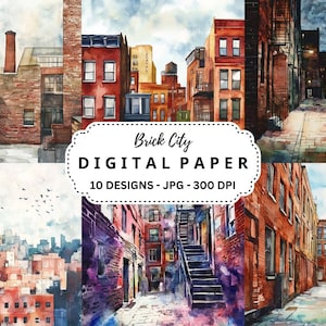 Brick City Bilder Bundle, 10 Aquarell Hochwertige JPGs Hintergründe für Junk Journal, Scrapbooking, Papierhandwerk, Sofort Download