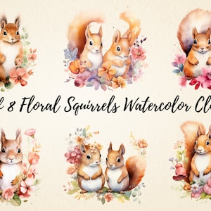 Floral Squirrels Clipart, Aquarelle Cute Squirrels PNG Bundle, Utilisation commerciale, Parfait pour l’artisanat et les invitations, Téléchargement numérique