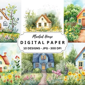 Bepflanztes Haus Landschaft, 10 hochwertige Aquarell Hintergründe für Junk Journal, Covers, Digital Crafts, Scrapbooking