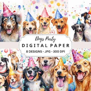 Fond de chiens fêtards, papier numérique Puppy Fiesta Delight, célébrations de joyeux anniversaire de chiens, parfait pour les cartes d'anniversaire, invitations