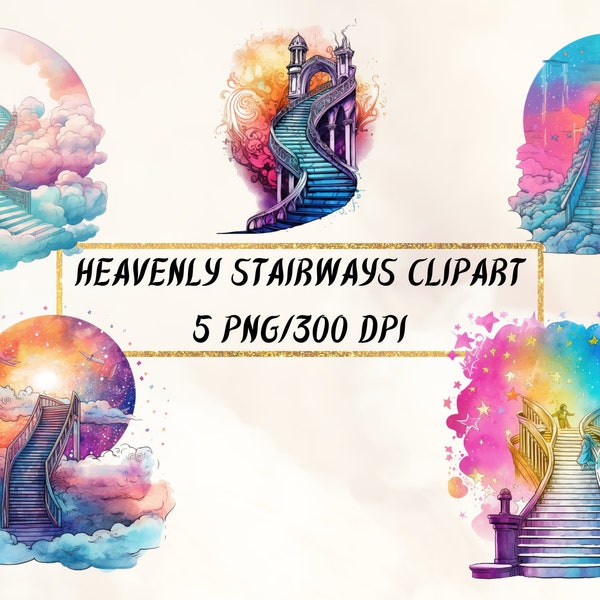 Watercolor Heavenly Stairways Clipart, Heaven Clipart, Stairs to the Sky PNG Bundle Transparent Backgrounds for Commercial Use