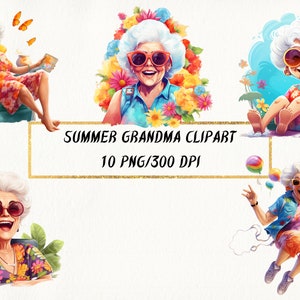 Sommer Oma Clipart, lustige Oma Aktivität PNG Bundle, Aquarell exotische Pastell Hawaii Oma, kommerzielle Nutzung