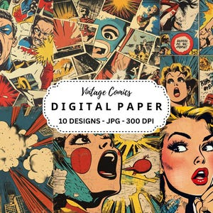 Fondos de cómics retro, arte pop vintage, 10 archivos JPG (descarga digital)
