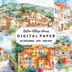 Watercolor Italian Village Houses: Scrapbook JPG Images (Digital Download)