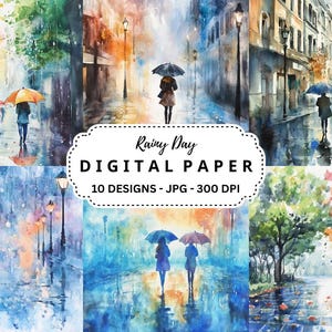 Rainy Day Street Watercolor Backgrounds: 10 JPG Images (Instant Download)