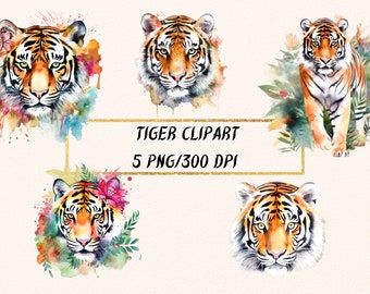 Clipart de tigre en acuarela: 5 diseños PNG, animales de safari (descarga digital)