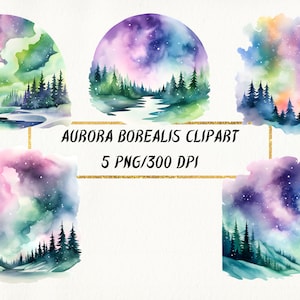Watercolor Aurora Borealis Clipart, Fantasy Clipart, Northern Lights PNG Bundle for Commercial Use, Celestial Clipart, Digital Download