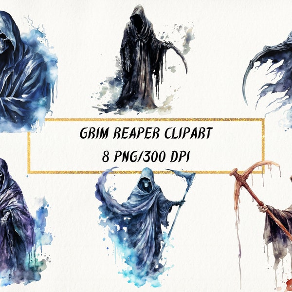 Watercolor Grim Reaper Clipart, Horror Printable Art, Grim Reaper with Death Scythe PNG Bundle, Commercial Use, Scrapbook, Paper Crafts