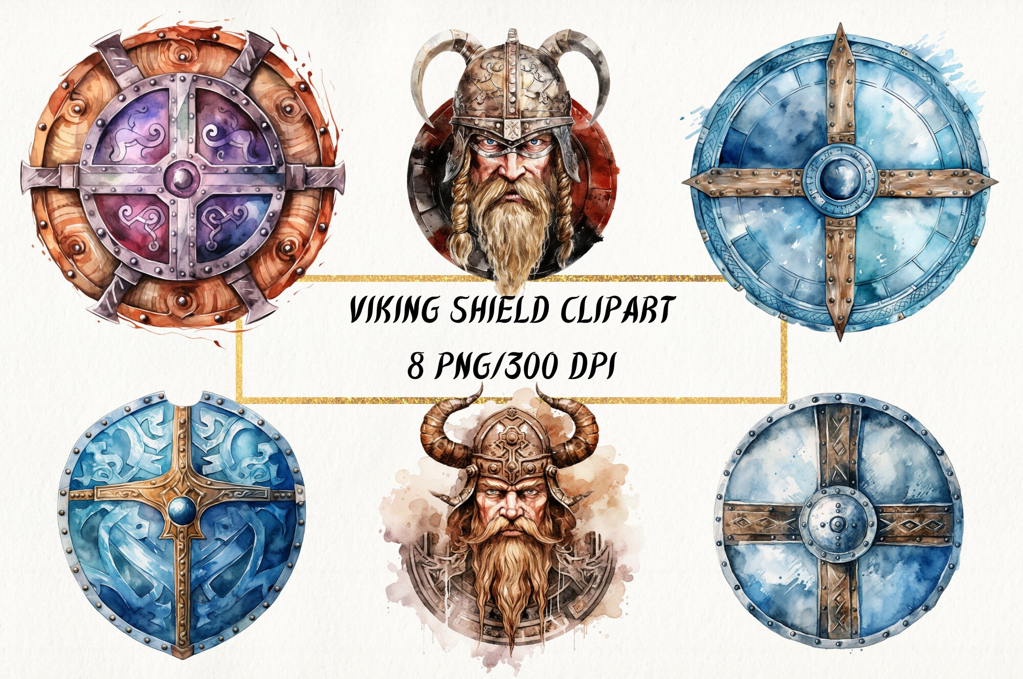 Watercolor Viking Shield Clipart: Nordic PNG Bundle (Commercial Use)