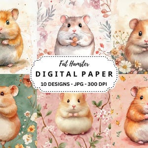 Paquete de imágenes de hámster gordo, 10 archivos JPG de alta calidad, fondos de acuarela para diarios basura, álbumes de recortes, manualidades de papel, descarga instantánea