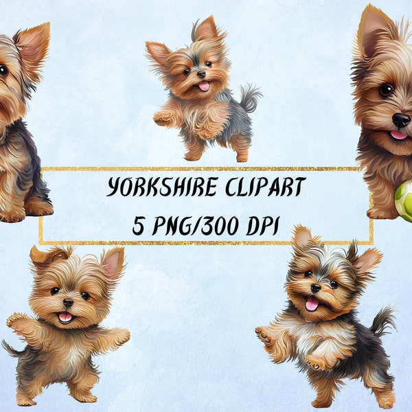 Aquarelle Yorkshire Clipart, 5 mignon Yorkshire Terrier chiens PNG Bundle à usage commercial, téléchargement numérique