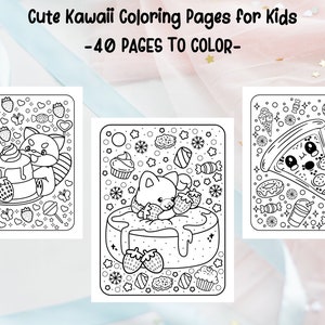 40 lindas páginas para colorear kawaii para niños, libro para colorear kawaii divertido y lindo, páginas para colorear de comida, animales y fantasía para niños