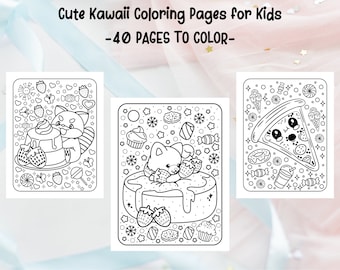 40 Cute Kawaii Coloring Pages for Kids, Fun & Cute Kawaii Coloring Book, Food, Animals and Fantasy Coloring Pages for Kids