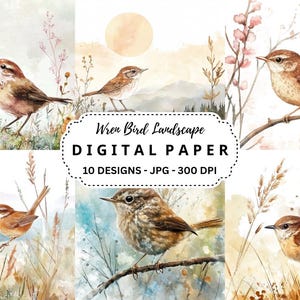 Paquete de imágenes prediseñadas de paisaje de pájaro reyezuelo, 10 fondos en formato JPG de acuarela de alta calidad para diarios basura, álbumes de recortes y manualidades digitales