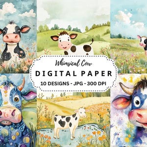 Lot de cliparts vache lunatique : fichiers JPG aquarelle pour scrapbooking (téléchargement numérique)