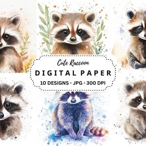 Clipart adorable raton laveur, 10 fichiers JPG aquarelle de haute qualité pour le journal indésirable, couvertures, travaux manuels numériques, scrapbooking, téléchargement immédiat