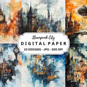 Steampunk Stadt Bilder Bundle, 10 Aquarell hochwertige Fantasy Stadt Hintergründe für Junk Journal, Scrapbooking, Papierhandwerk