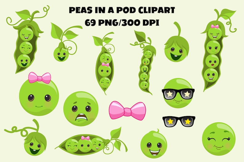 Peas in a Pod Clipart, Kawaii Pea Pod Clipart Bundle Set, PNG