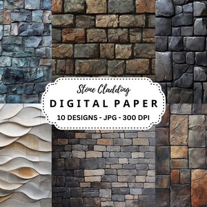 May include: A digital paper pack featuring 10 different stone cladding textures. The textures include a variety of colors and patterns, such as gray, brown, and white. The digital paper is perfect for creating backgrounds, patterns, and textures for your design projects.