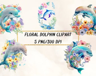 Watercolor Dolphin Clipart: Floral Sea Animal PNG (Digital Download)