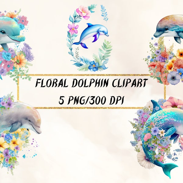Watercolor Floral Dolphin Clipart, Sea Animal PNG Transparent Backgrounds for Commercial Use, Dolphin Sublimation Designs Downloads